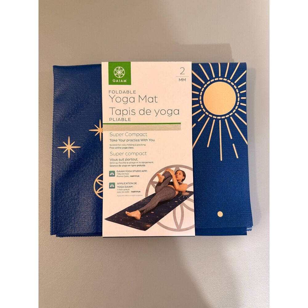 Gaiam Foldable Yoga Mat 2mm Blue Celestial Moon Sun Travel Compact Non-Slip